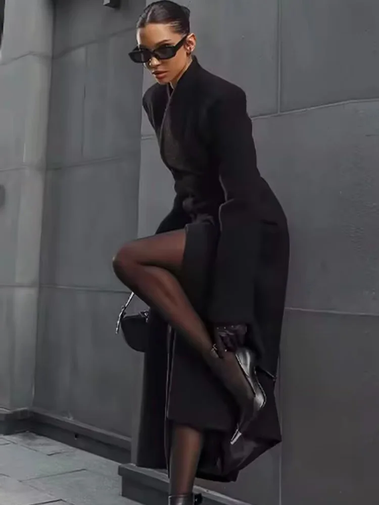 HH Frau Mode Lange Ärmel Taille Warme Lange Mantel Weibliche Winter einreiher Stehkragen Taschen Solide Woolen mantel