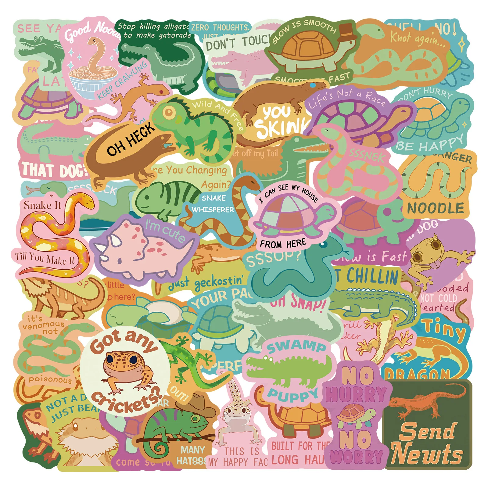 50 Pcs Cartoon Reptile English Text Graffiti Waterproof Diy Journal Decorative Stickers
