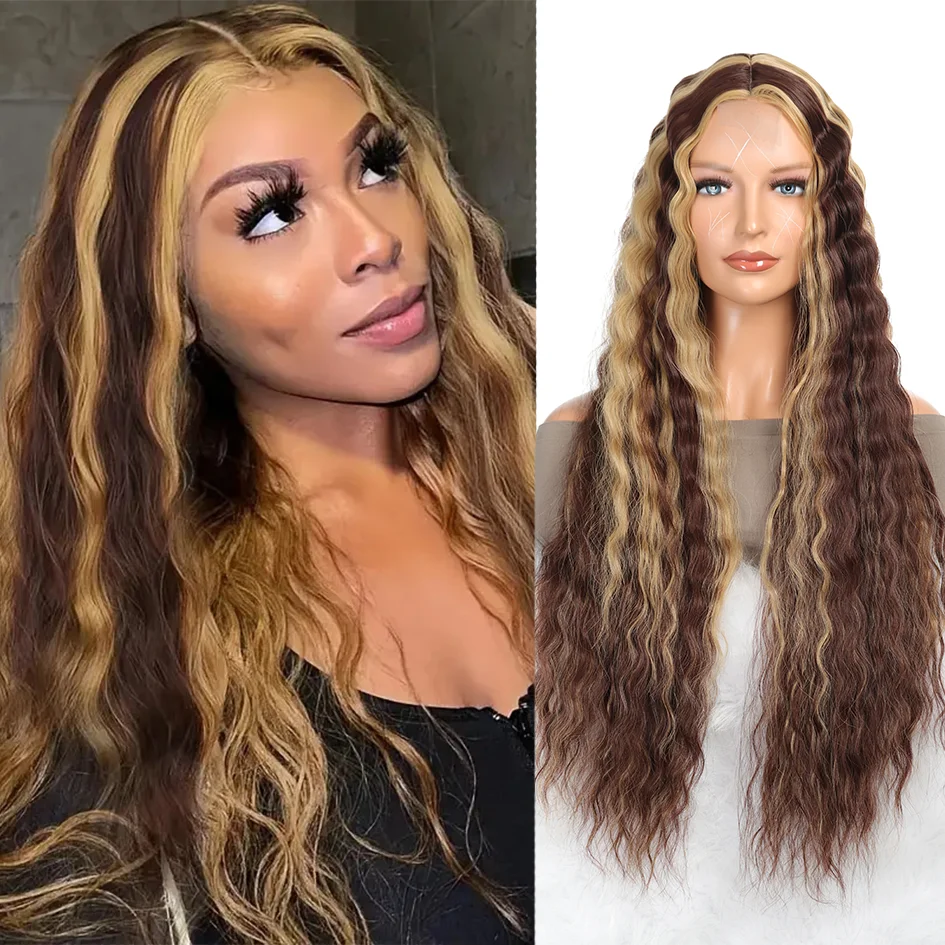 synthetic 34inch lace water wave wig center parted extra long curly wig blonde wig for african black lace wig thanksgiving