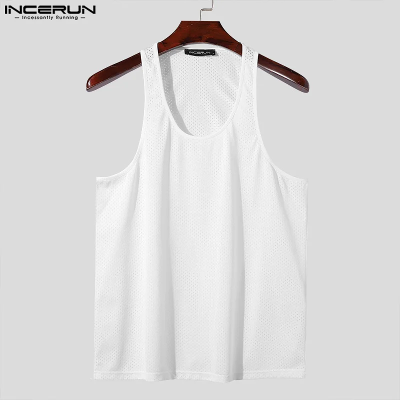 INCERUN Tops 2024 Korean Style New Men Mesh Fabric Thin Shoulder Strap Design Vests Fashion All-match Sleeveless Tank Tops S-5XL