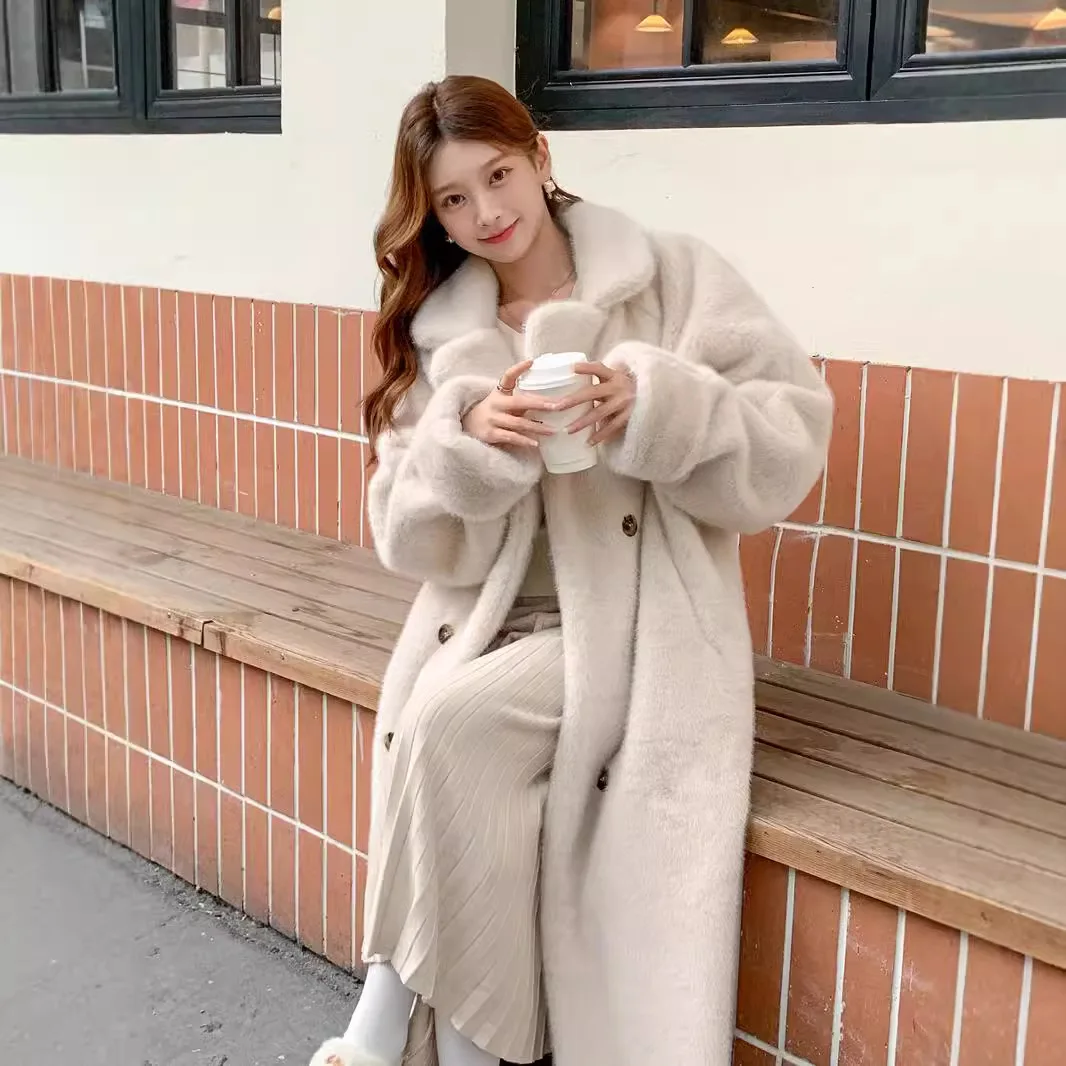 Long Faux Fur Coat Women Autumn Winter Large Jacket Overcoat White Turn Down Collar Pockets Thick Coat Warm Jackets Maxi Coats