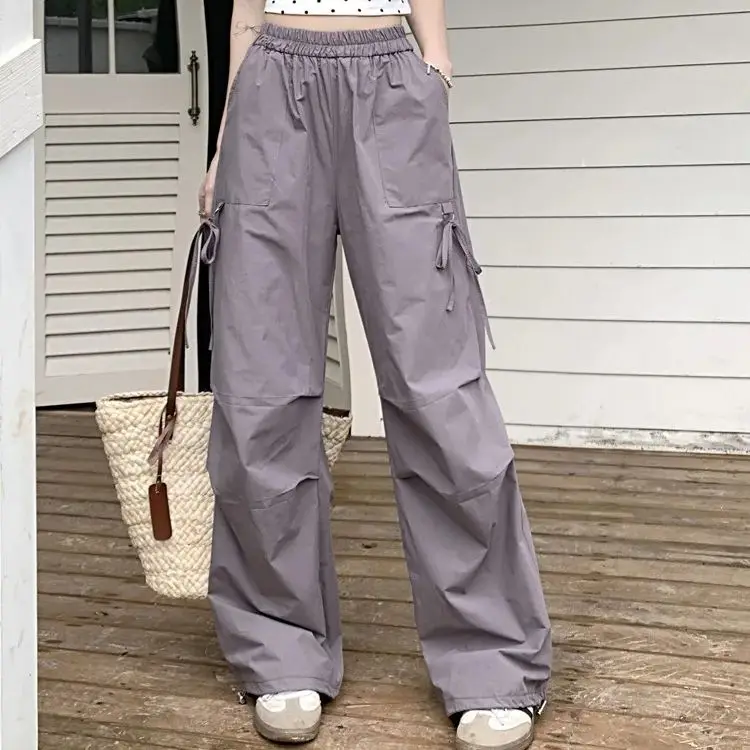 

American solid color loose wide leg casual overalls for women 2024 summer high waist straight pants floor mopping trousers