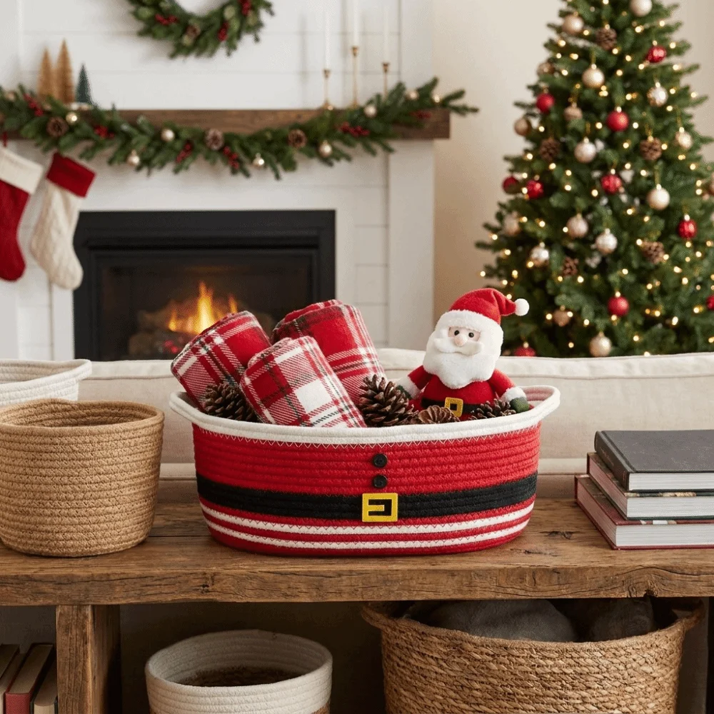 Cotton Rope Christmas Woven Storage Basket Ribbon Trim Braided Snack Storage Basket Santa Claus Decorative Storage Bin Storage