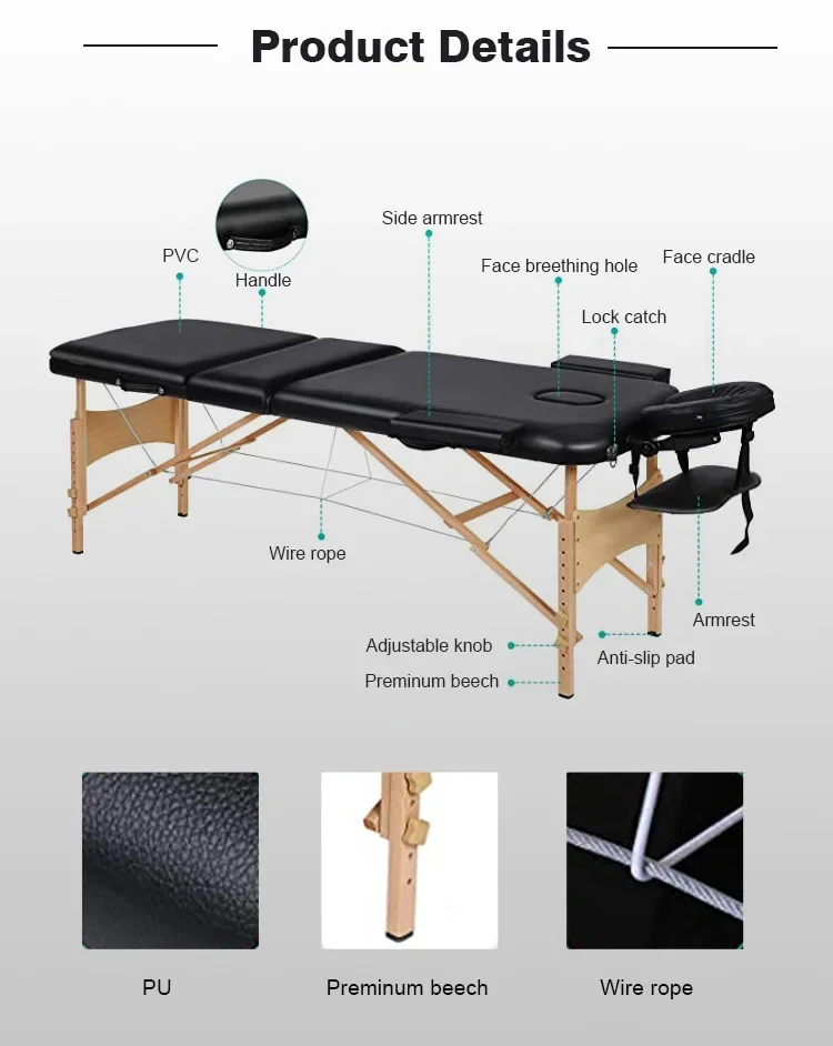 Therapy Spa Treatment Salon Adjustable 3 Folding Solid Wood Lightweight Tattoo Facial Couch Table Portable Massage Bed