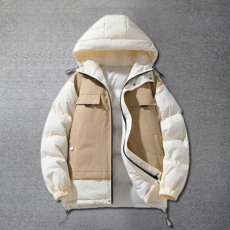 Fake Two Piece Hooded Cotton Jacket Workwear Winter Jacket Men Korean Version Simple Trend Versatile Keep Warm Fashion