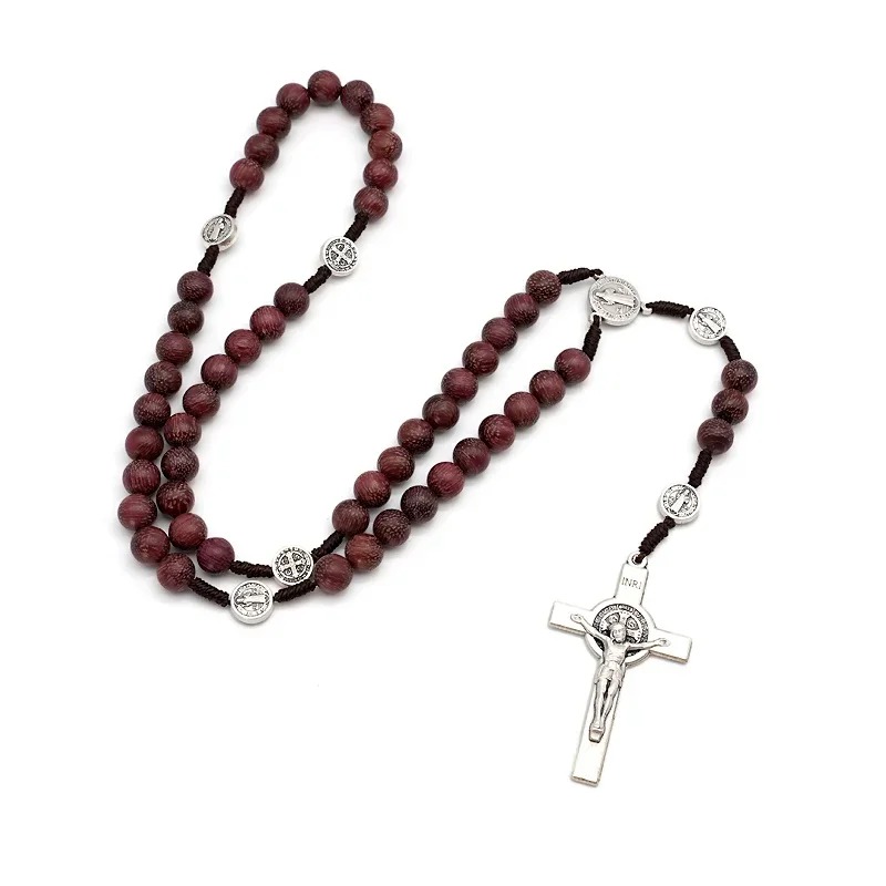 Retro Wooden Rosary Beads Car Ornament For Women Mother Gifts Saint Benedict Medal Cross Jesus Religious Car Pendant