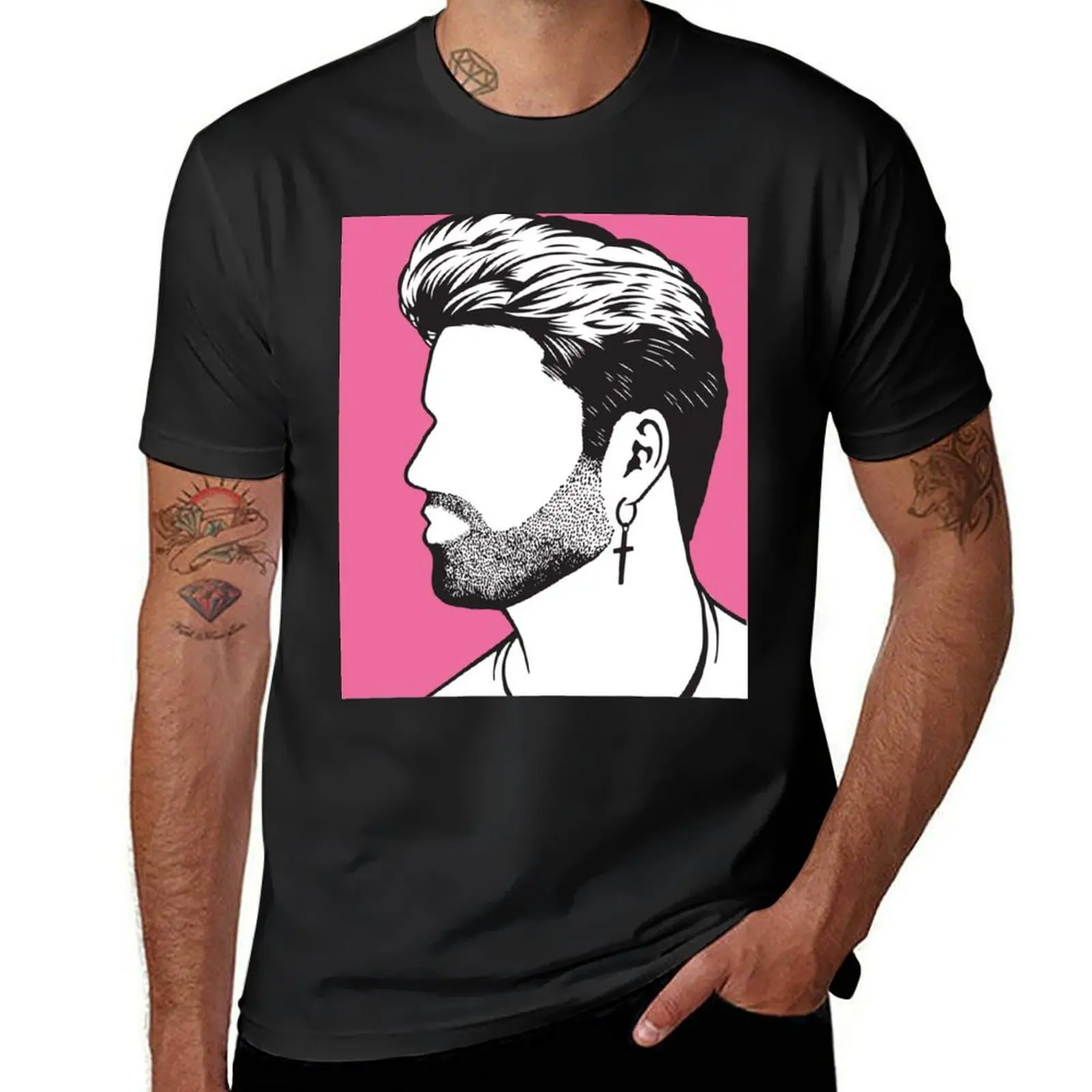 Pink background George michael image black gift T-Shirt blacks kawaii clothes Aesthetic clothing men clothes