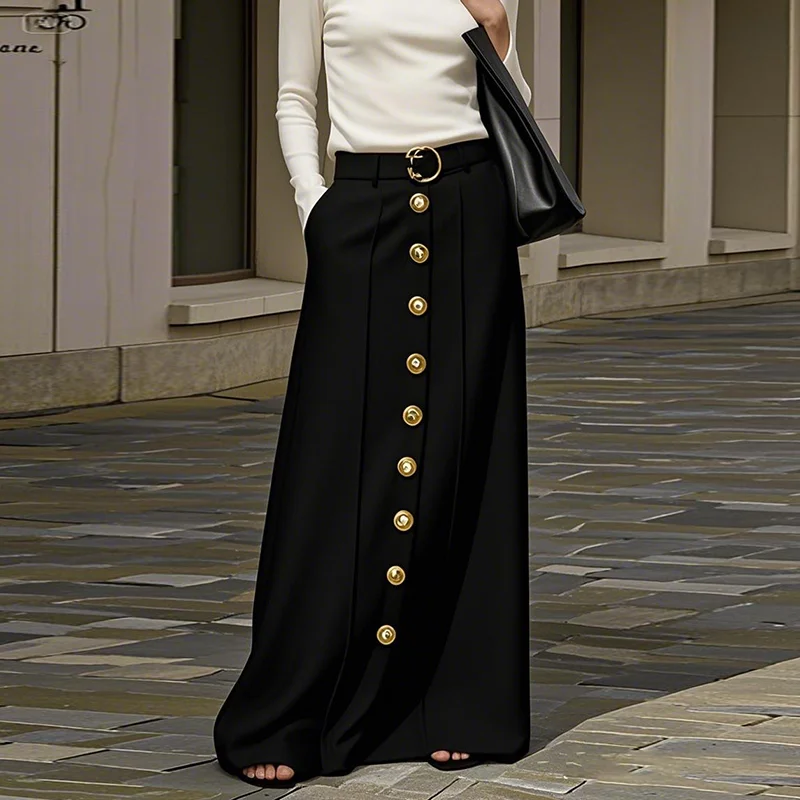 Woman's Elegant Button Simple Maxi Skirt 2025 Spring Autumn New Office Ladies Pocket H-line Skirts Bottoms for Woman Clothes