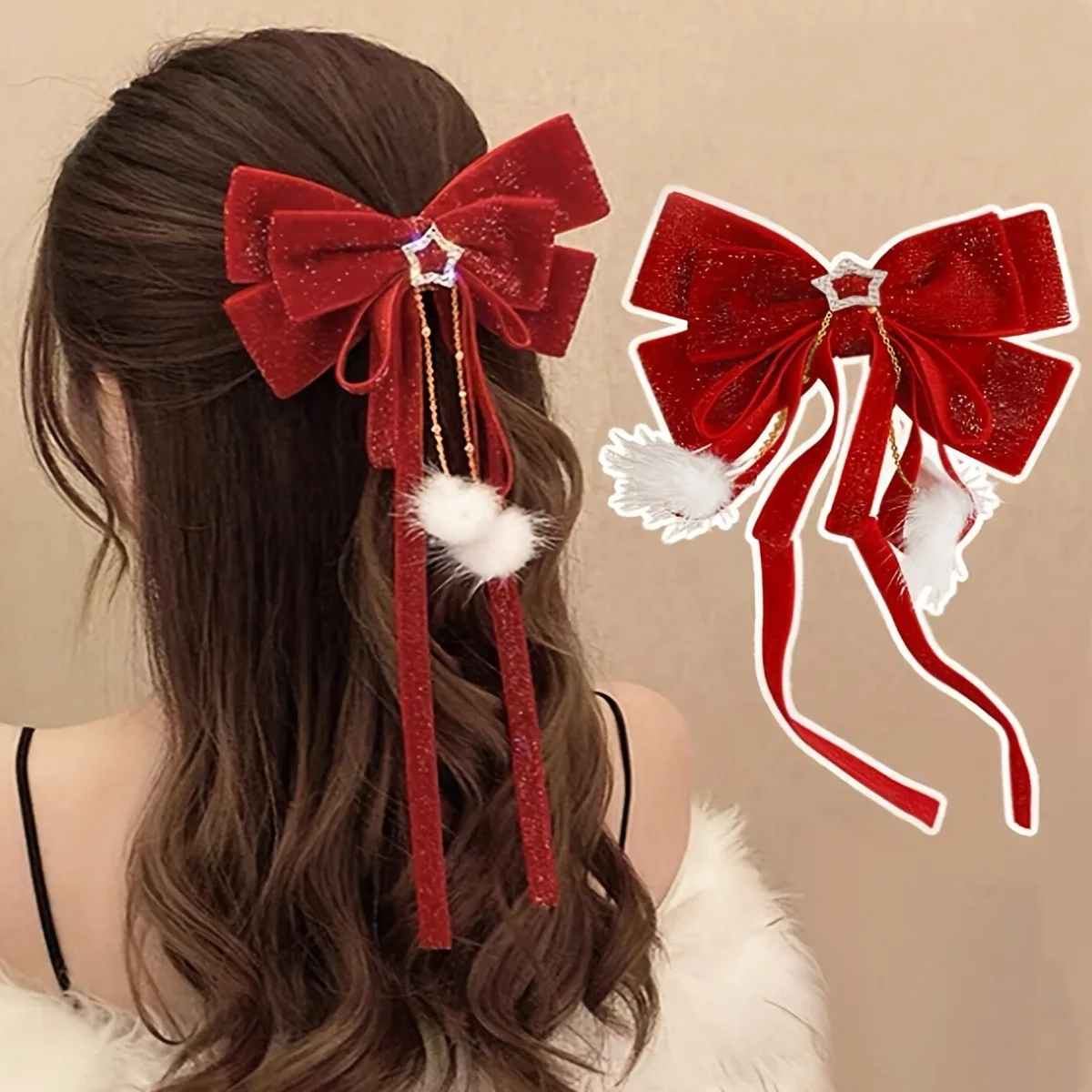 

Заколка для волос с красным бархатным бантом, кулон со звездой, кисточка из пушистого мехового шарика, подходит для новогодних знаменитостей и зимней моды.