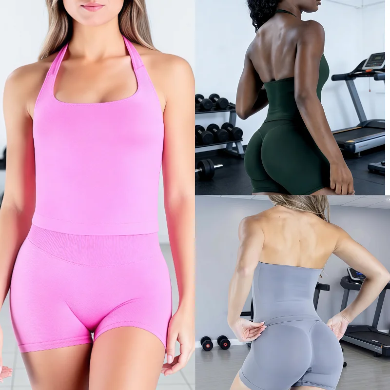 

2 Pieces Women Yoga Gym Set Backless Halter Tops High Waist Seamless Shorts Gym Suit Fitness Sportswear Running Workout Sets