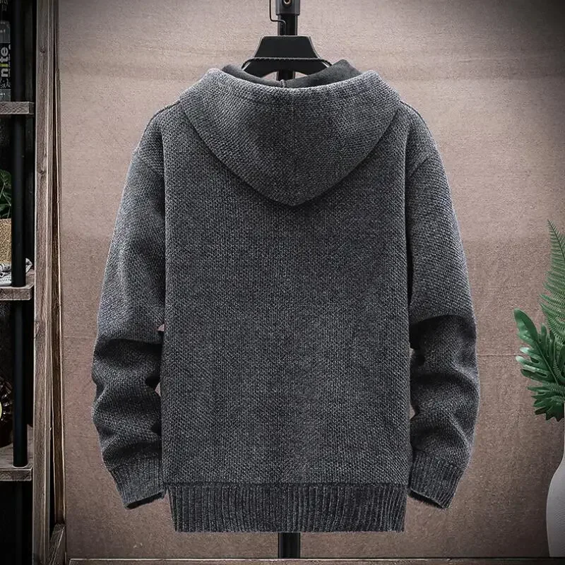 Men\'s Hooded Cardigan Knitted Solid Sweaters with Hoods Slim Fit Thickened Warm Cardigan Casual Sweatercoat Jacket Men Clothing