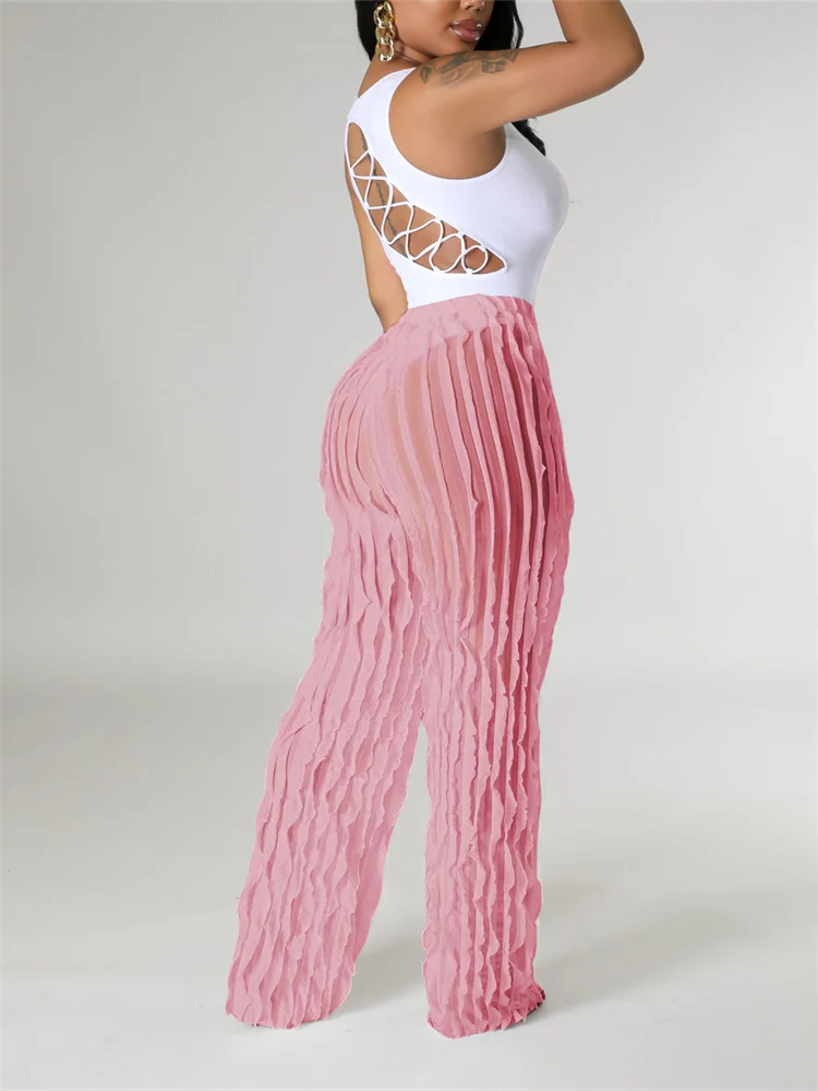 

WJFZQM Women Wavy See-through High-waisted Wide-leg Pants Streetwear Street Style Loose Pants Female Casual Long Trousers 2023