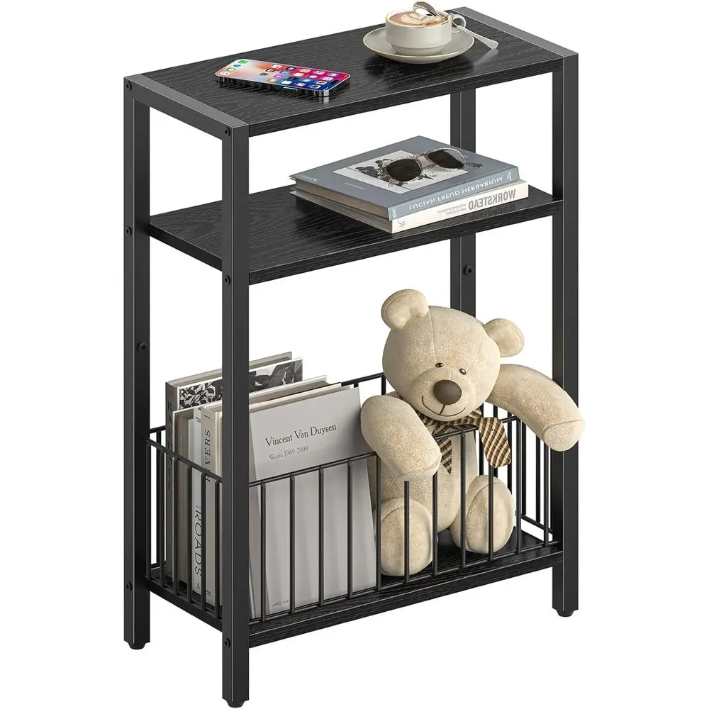 

Space-Saving 3-Tier Black Side Table with Storage Basket for Small Spaces, Living Room, Bedroom, or Office