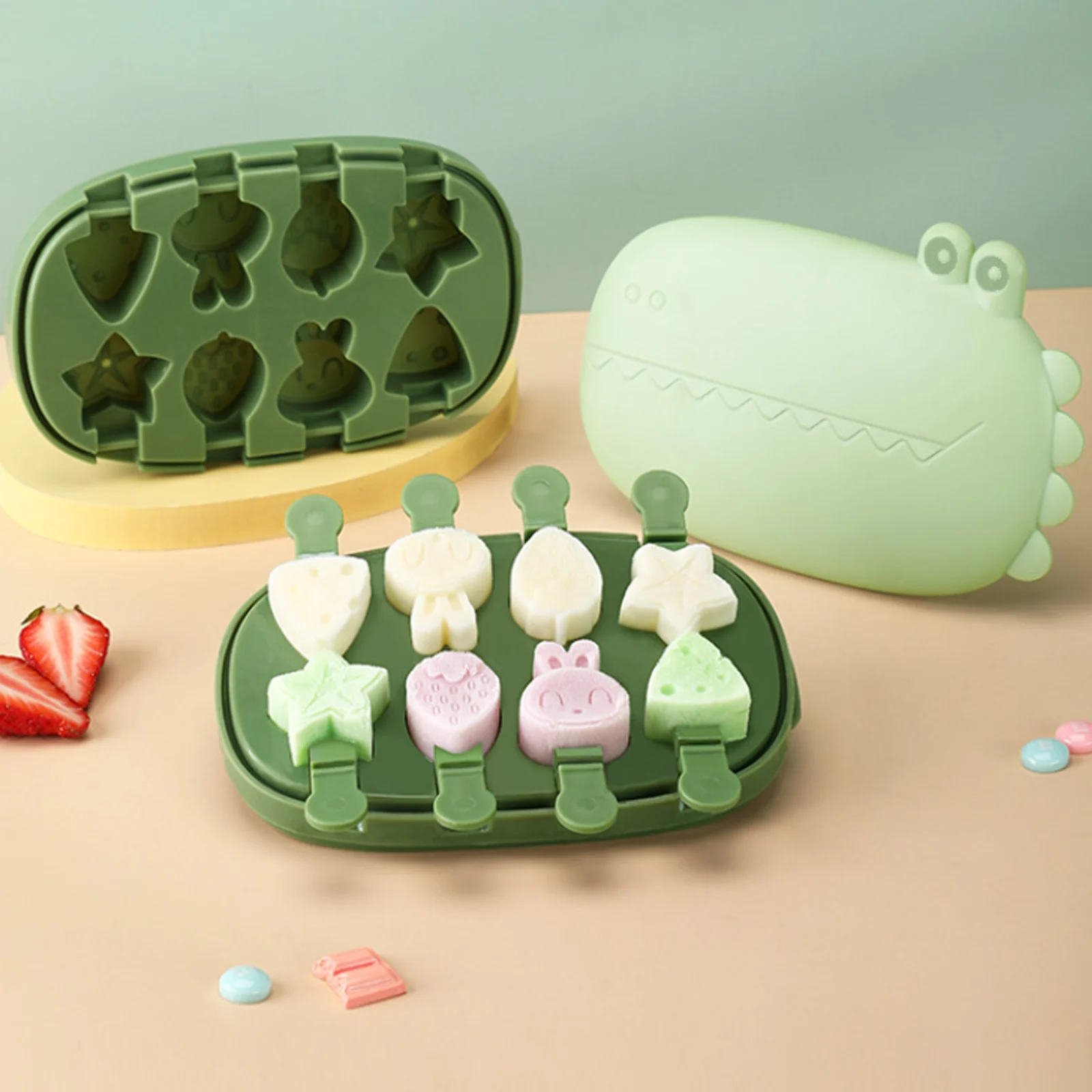 Silicone Popsicle Molds Cute Cartoon Animal Flower Friut Bunny Molds Mini Size Reusable Cake Mold Set with Lid and Stick