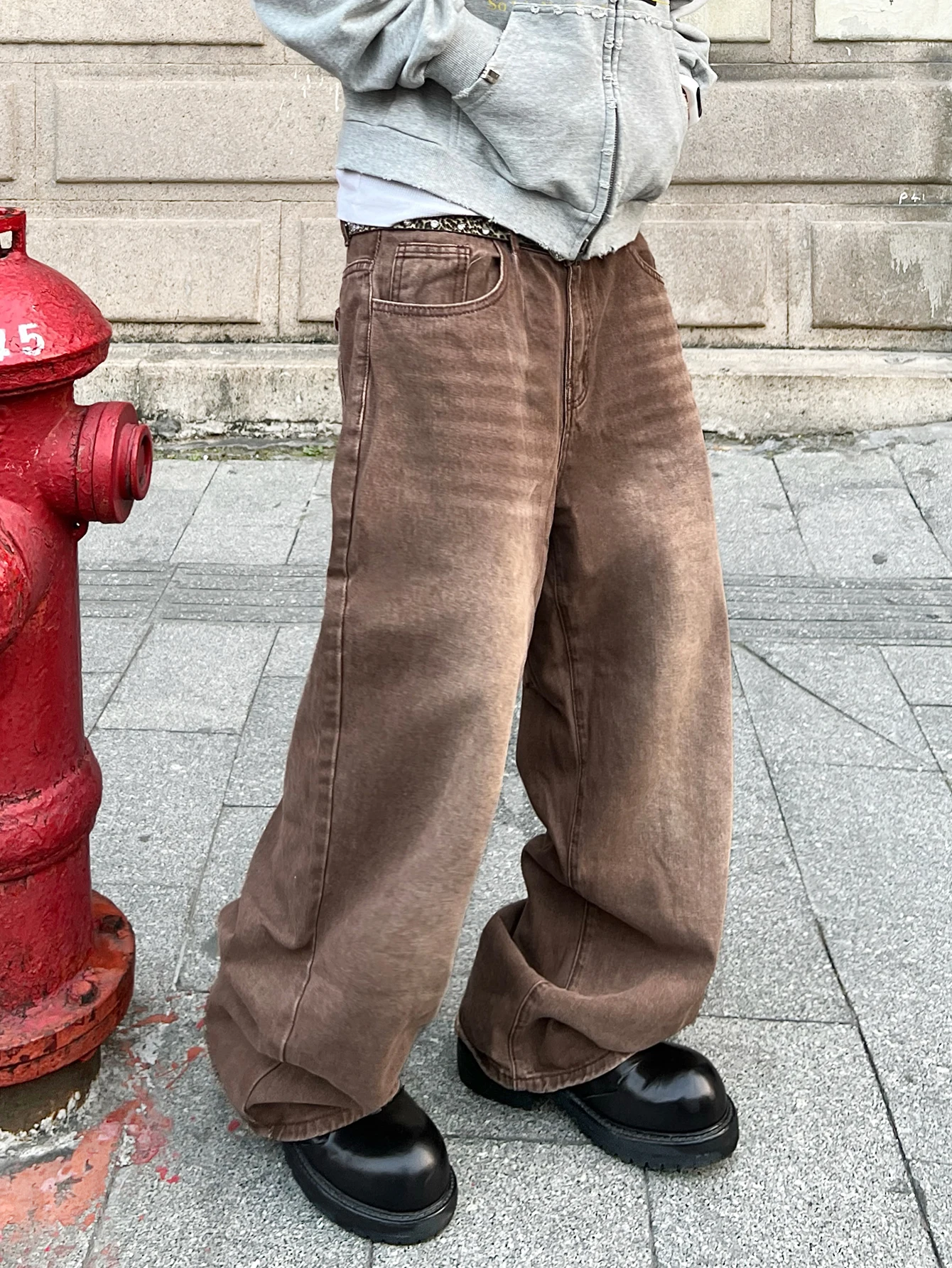 Men's Jeans Versatile Baggy Wide Pants, Trendy Y2K Whiskered Brown Retro Trousers, Men High Street Long Denim All Seasons