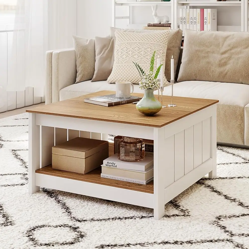 

Farmhouse Coffee Table, 31.5 Inch Square Wood Coffee Table with Storage Shelf, 2-Tier Vintage Center Table with Open Compart