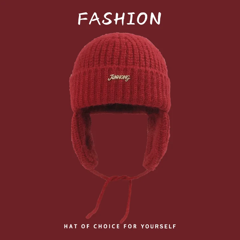 Niedliche, einfarbige, gerippte Strickmützen mit Ohrenschutz für Damen, Herbst-Winter, warme Mützen mit Kordel und Ohrenklappen, Streetwear-Mütze für Herren – Detail 3
