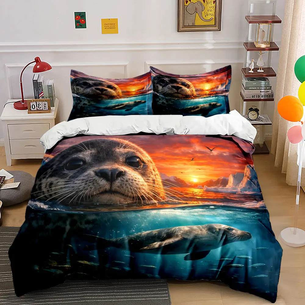 3-teiliges Bettwäsche-Set mit Aufdruck „Seelandschaft, Sonnenuntergang, Eis“, 1 Bettbezug, 2 Kissenbezüge für Erwachsene und Kinder, luxuriöses Geschenk in voller Größe