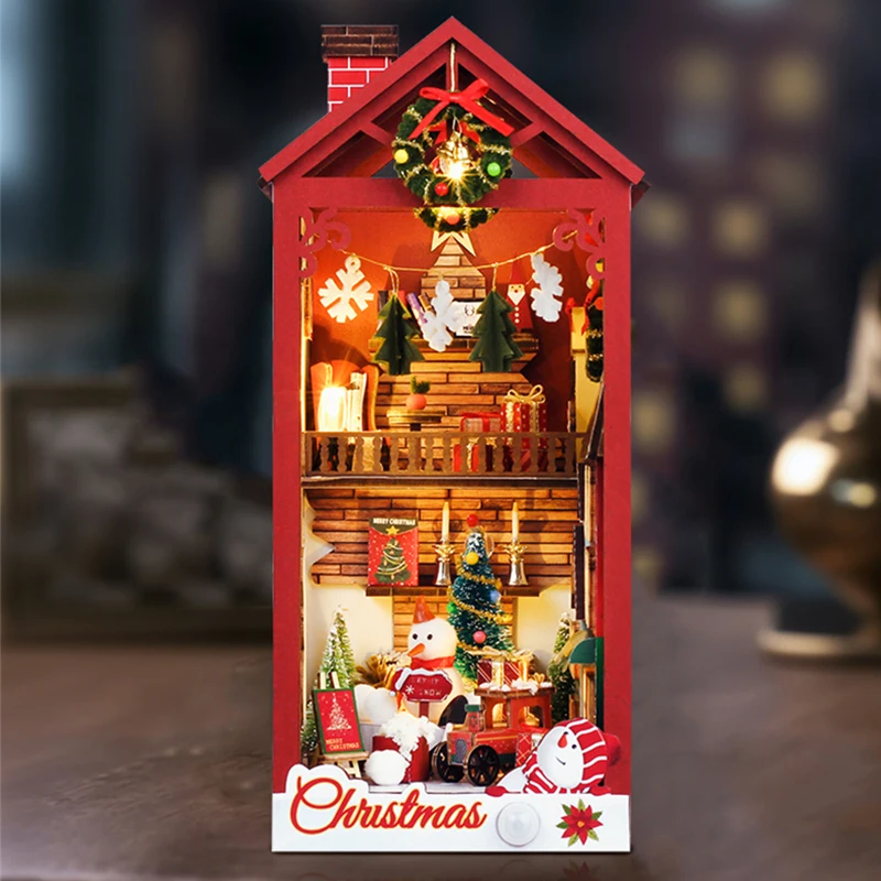 DIY ไม้ Merry Christmas Bookend Book Nook ชั้นวางชุด Miniature ชุดเฟอร์นิเจอร์ไฟชั้นวางหนังสือของขวัญเพื่อน