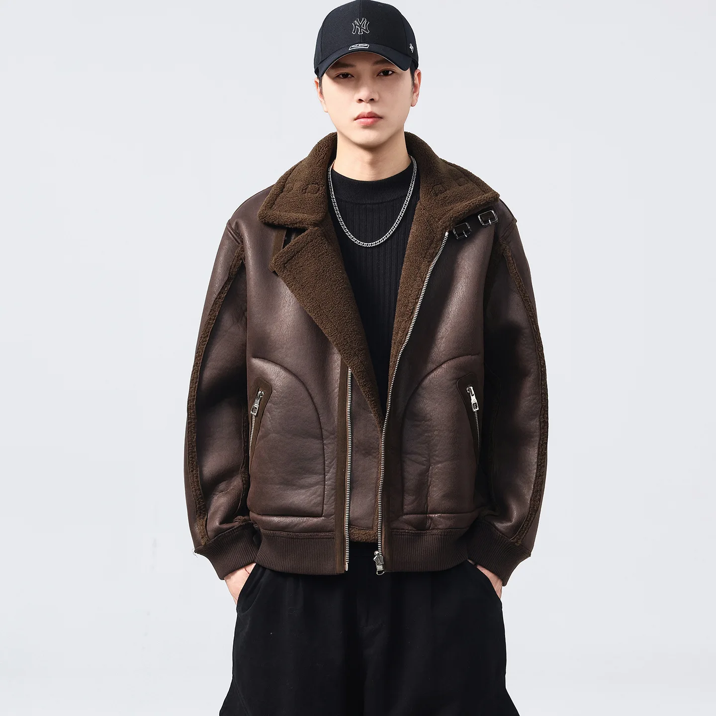 

Men's Thiened Warm Cotton Jaet Autumn Winter Faion Brand Leather Coat Stand Fit Long Length Stand Collar Chinese Pro...