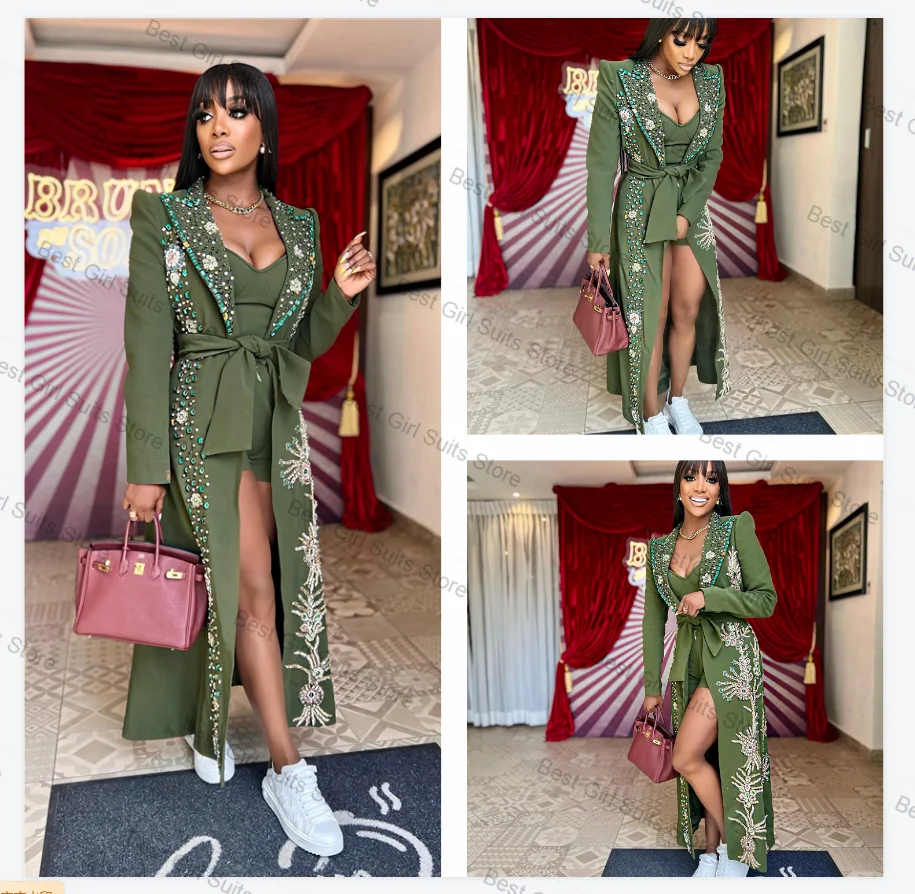 

Green Women Suit 1 Pcs Crystals Long Blazer Overcoat Formal Office Lady Jacket Cotton Fall Customized Wedding Tuxedos Prom Dress