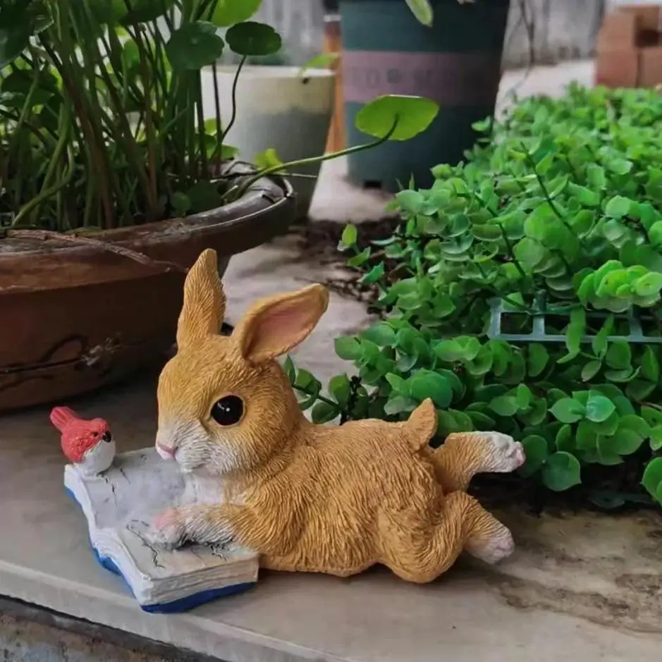 1 Pcs Rabbit Reading Animal Decoration Window Sill Bonsai Landscaping Resin Decoration Garden Courtyard Decoration