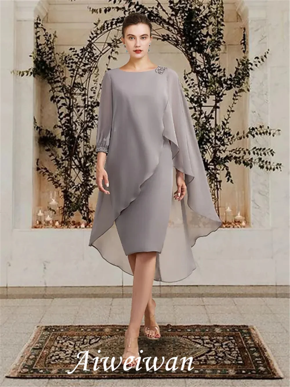 Sheath / Column Mother of the Bride Dress Elegant Jewel Neck Knee Length Chiffon 3/4 Length Sleeve with Beading Sequin