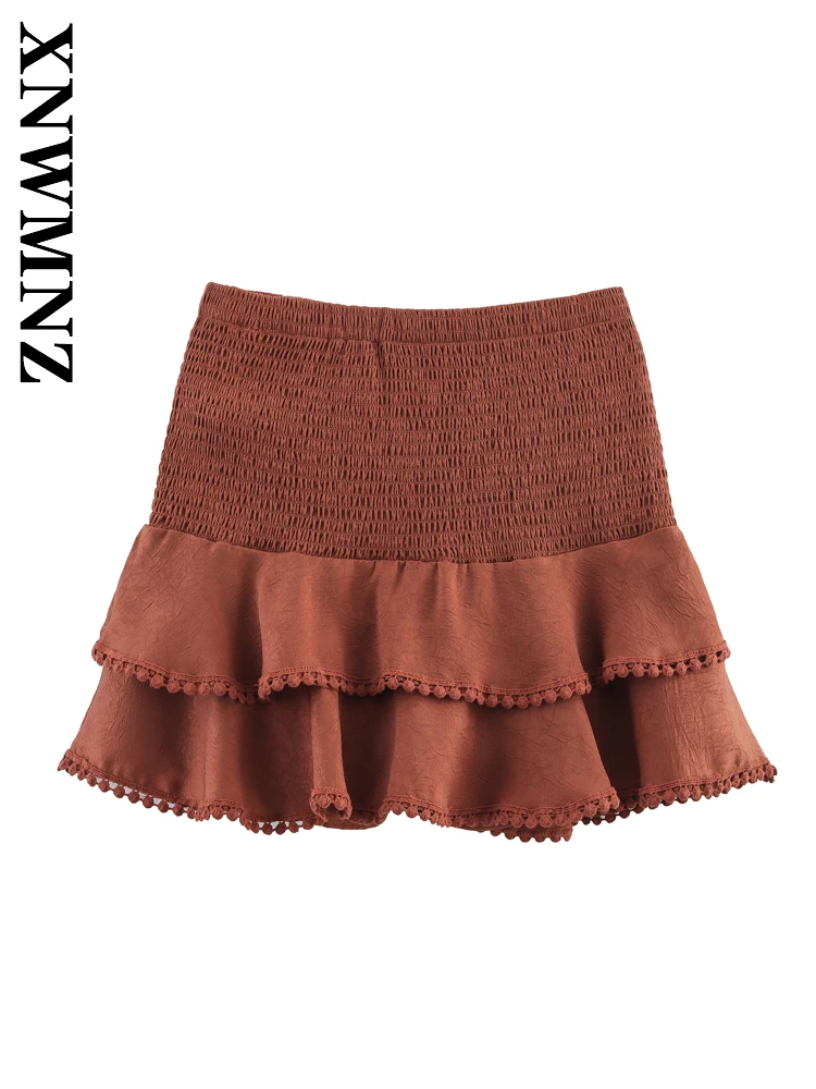 XNWMNZ 2025 verano mujer club moda banda elástica falda con gradas pantalones Sexy señora marrón empalme pantalones cortos Chic cintura alta