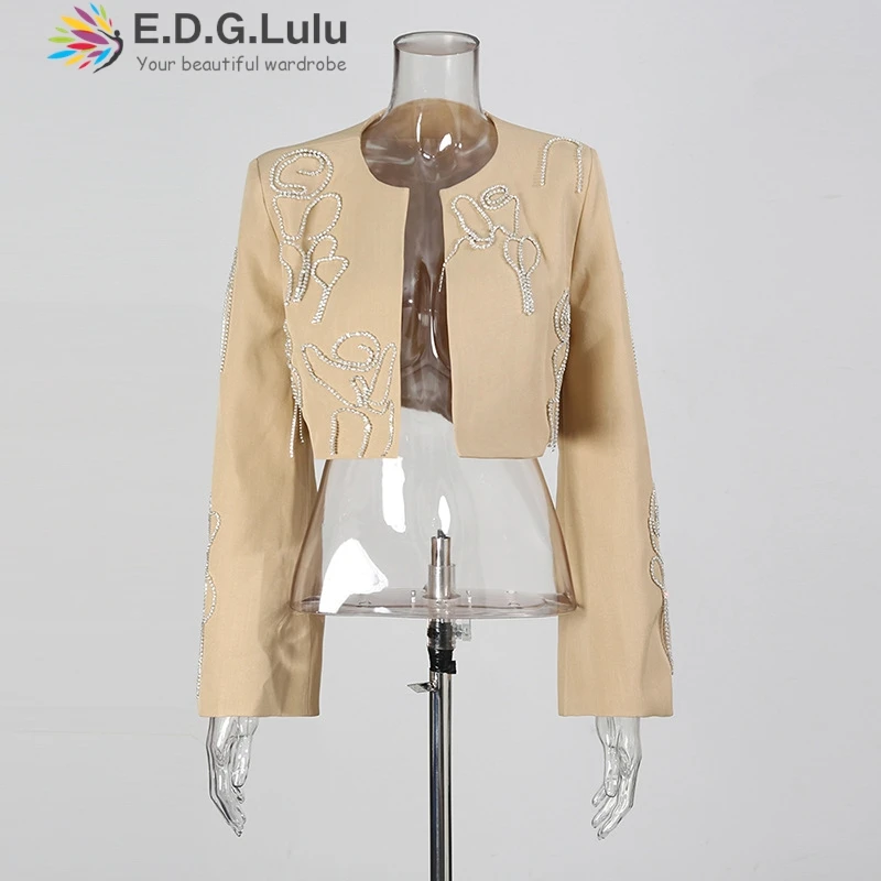 EDGLuLu Giacca da abito corta a maniche lunghe + Pantaloni a gamba larga a gamba dritta a vita alta Abito con giunture con intarsio di diamanti Set da due pezzi 0824