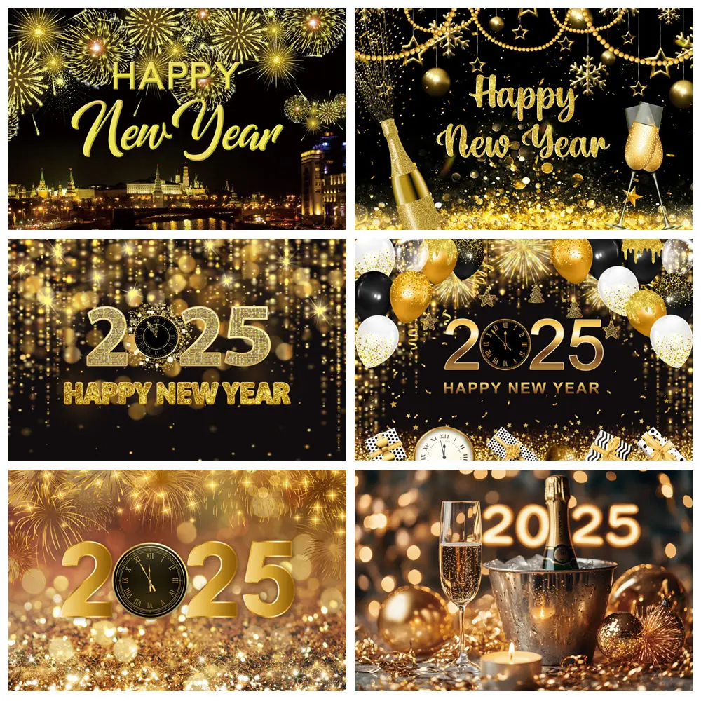 

Happy New Year For 2025 Party Photography Backdrop Firework Champagne Carnival Party New Years Eve Background Decor Photo Studio