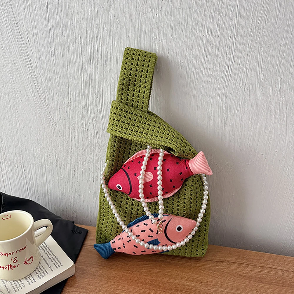 

Women's Small Knit Cartoon Fish Decor Pearl Shoulder Bag Cute Vacation Aesthetic Casual Shopping Crossbody Bags 2026 Handbags