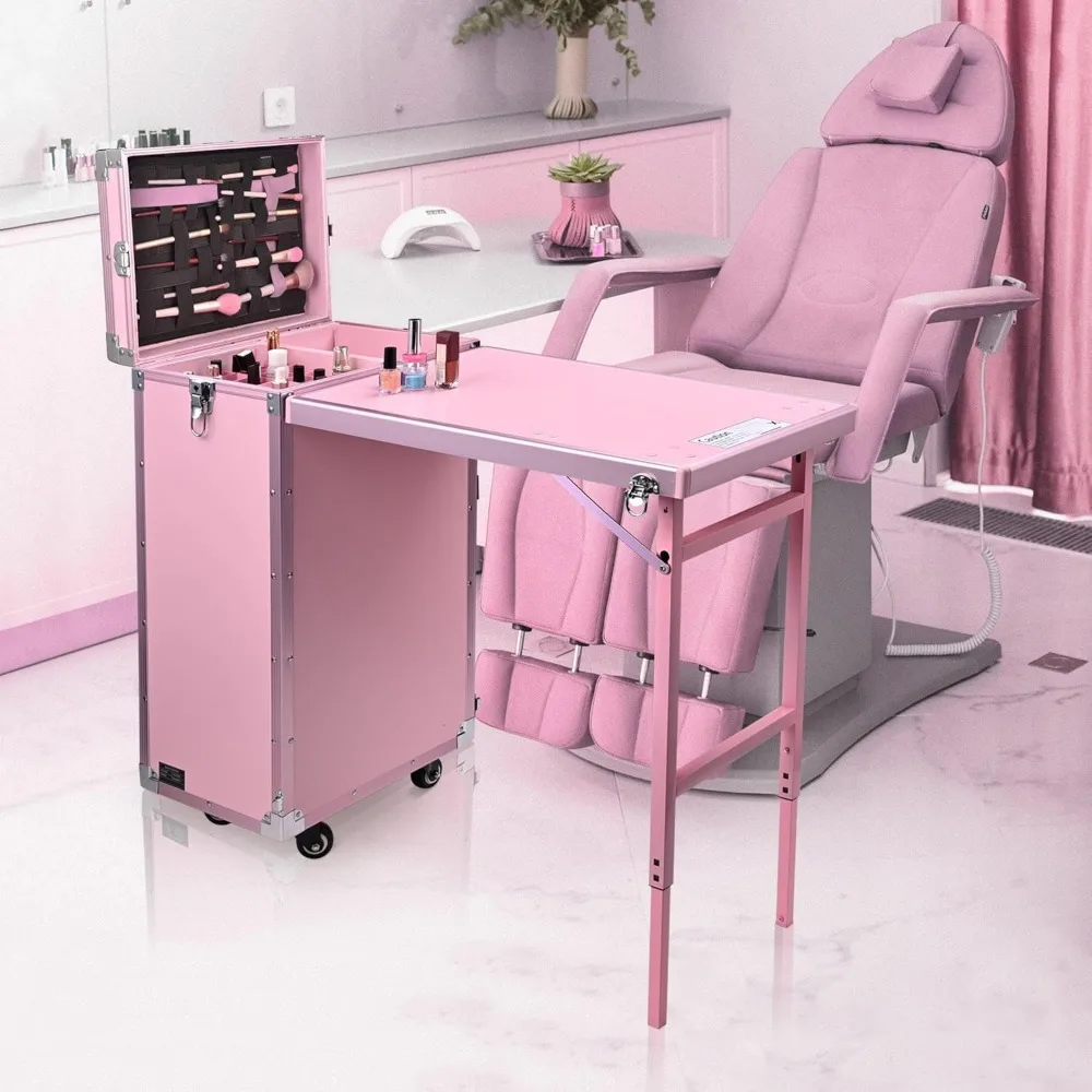 Rolling Manicure Table with Drawer Mirror, Makeup Train Box with Table Cosmetic Trolley Storage Box, Foldable Manicure Table