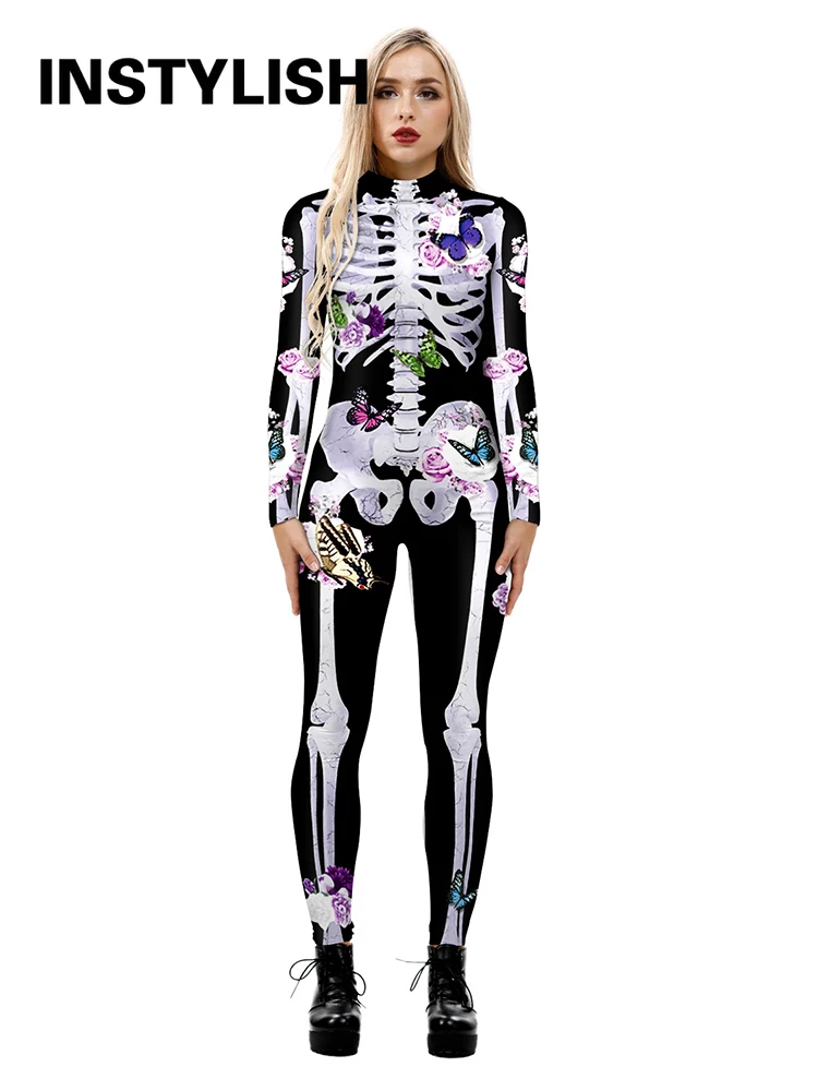 Imagem -05 - Esqueleto Fluorescente Feminino Trajes Cosplay Bodysuits Estampados em 3d Macacão Elástico Sexy Fino Macacão de Manga Comprida Macacão