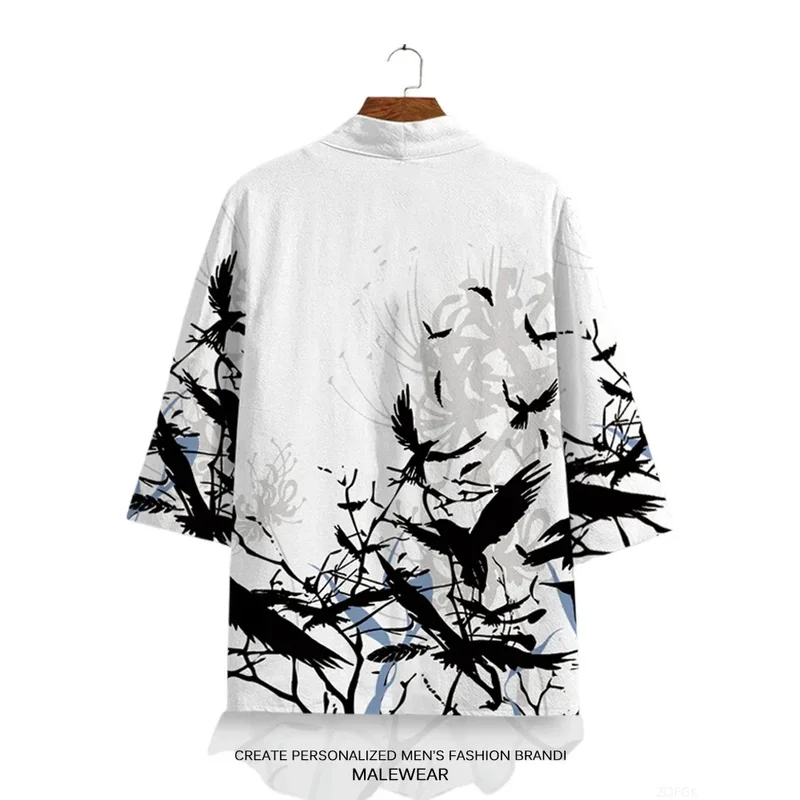Summer Taoist Robe for Men, Loose and Trendy, Printed Cape with Cross Shore Flower, Thin Jacket, Half Sleeved Cardigan Top