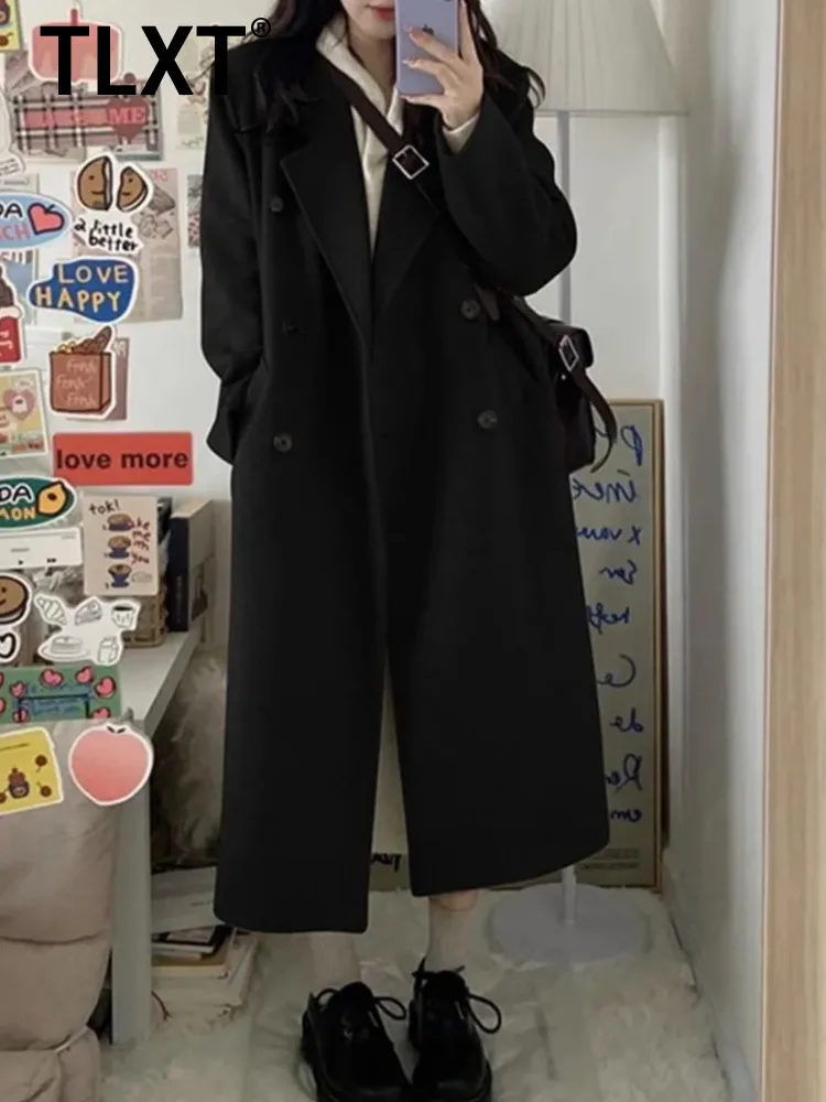 

TLXT элегантное женское пальто в Корейском стиле Хепберн средней длины из плотной шерсти, двубортное свободное длинное пальто с лацканами, новинка зимы 2023 г.