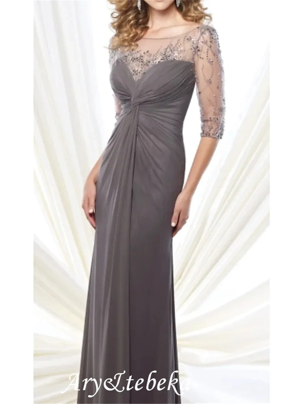 Sheath Mother of the Bride Dress Elegant&Luxurious Jewel Neck Floor Length Chiffon Tulle 3/4 Length Sleeve with Beading Ruching