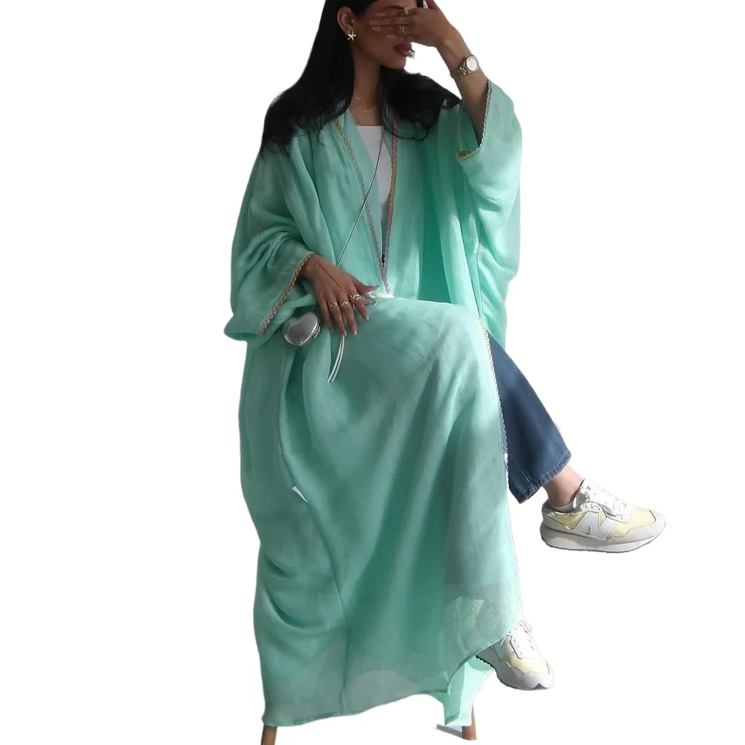 Femmes musulmanes du moyen-orient Abayas caftans islamiques robes Maxi décontractées à manches longues Jilbabs arabes ouvert devant Abaya + Hajib 2 pièces