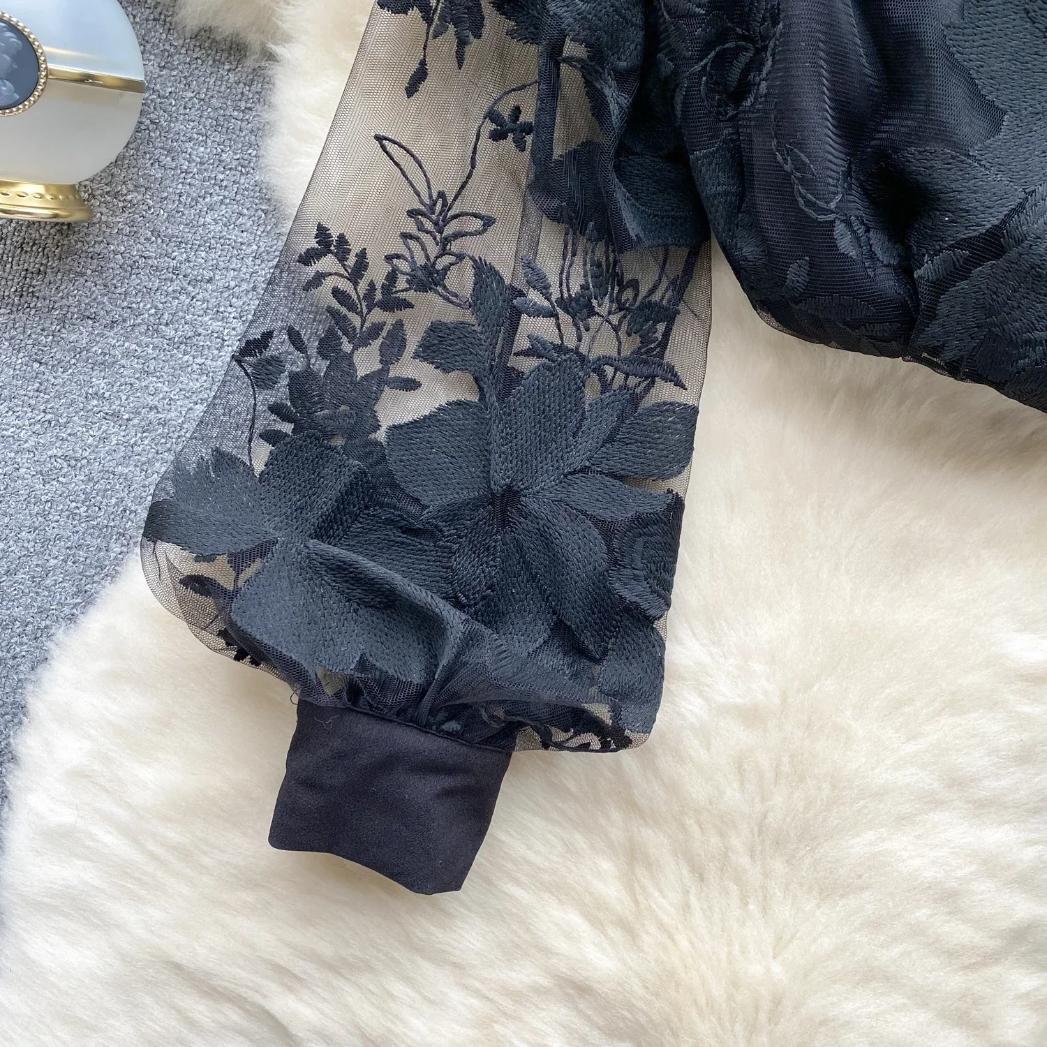 جوفاء الدانتيل شير بلوزة للنساء ، طويلة فانوس كم ، الوقوف طوق ، نحيل البلوزات ، تنوعا الإناث بلايز ، انخفاض الشحن ، Vintage