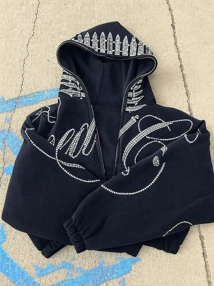 Русская ретро блестящая толстовка на молнии со стразами Y2K одежда женская хип-хоп блестящая толстовка большого размера с надписью укороченная толстовка куртка