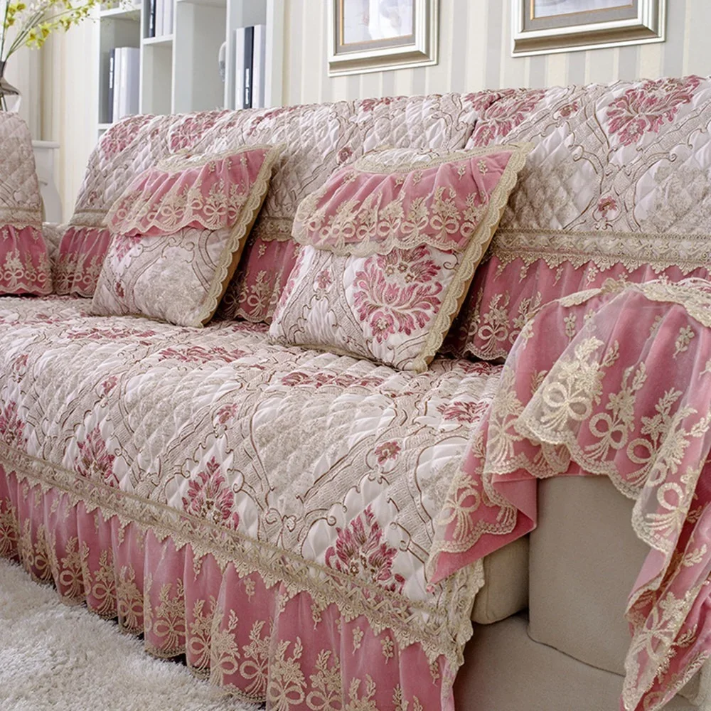 

Pink Luxury Linen Cotton Sofa Cover Jacquard Lace Cover Splicing Modular Sofa Slipcovers Non-slip Sofa Towel Pillow Case
