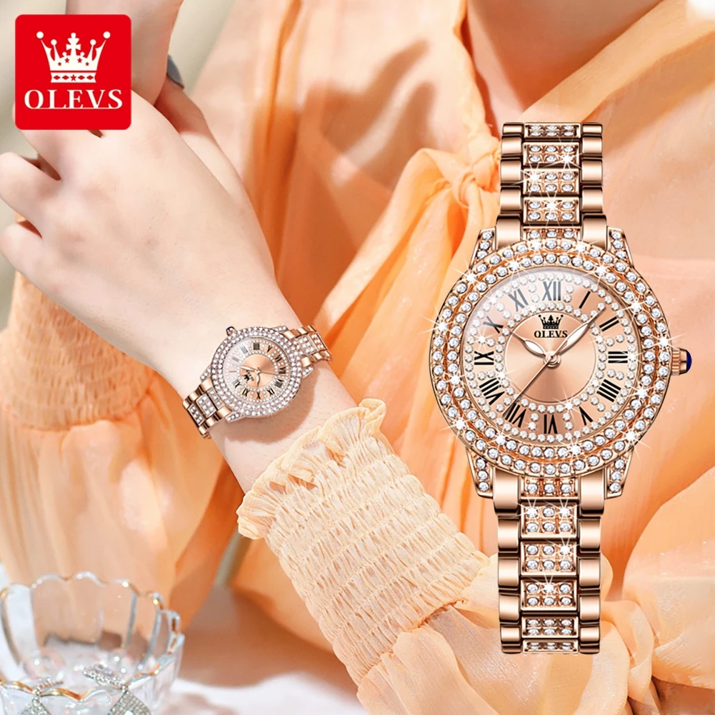 OLEVS 9943 Diamond Quartz Watch For Women Roman Scale Top Brand Luxury Wristwatch Waterproof Luminous Original Woman Watches