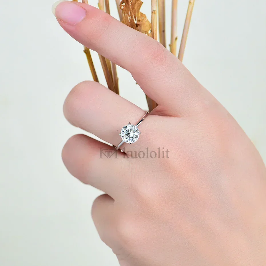Anillo de compromiso y boda solitario de moissanita de 1 a 2 quilates, corte redondo de 8.0 mm, color D, VVS1, para mujer, oro blanco macizo de 10K/14K, pasa la prueba del diamante, joyería fina nupcial de lujo, regalo de aniversario