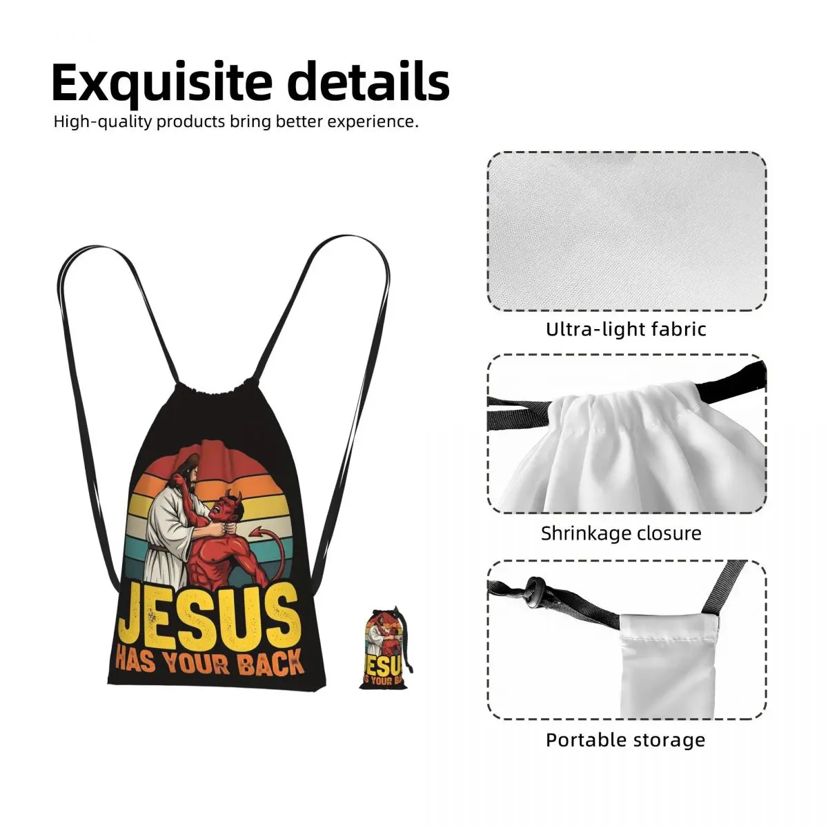 Jesus Has Your Back Jiu Jitsu Christian Drawstring Backpack Sports Gym Bag Lightweight Storage Drawstring Bag for Men Women