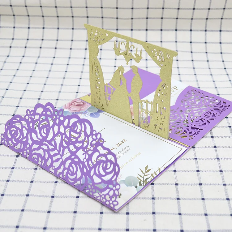 

Purple Elegant Rose Trifold Envelope Laser Cut Glitter Bride Groom Pop Up 3D Cards for Wedding