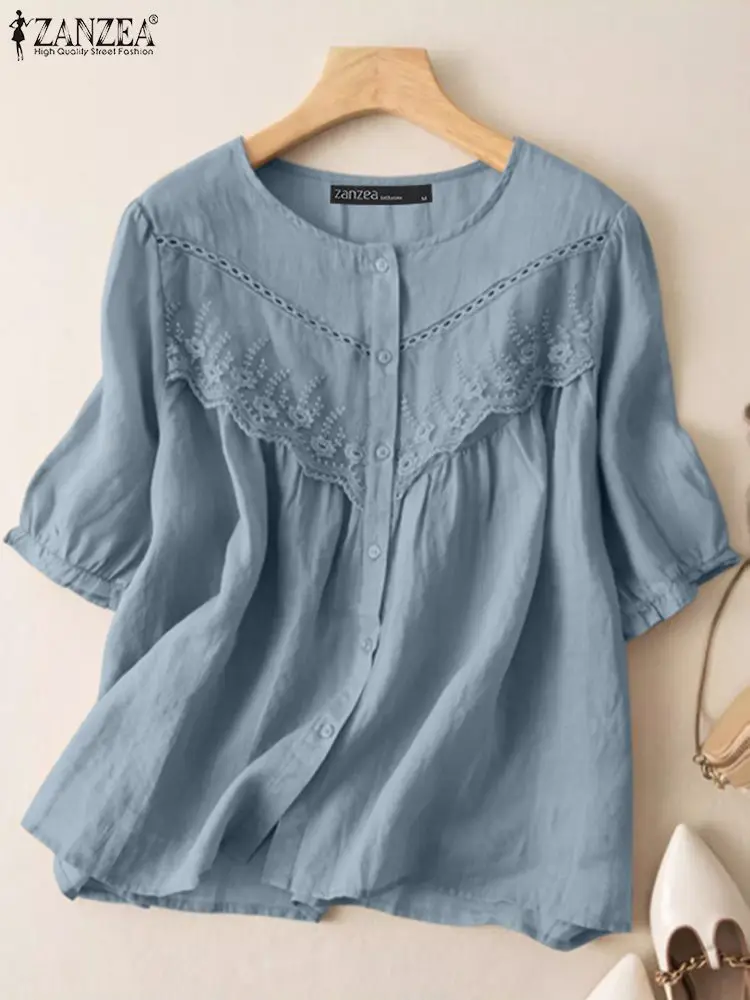 ZANZEA Half Sleeve Mesh Patchwork Blouse Loose Vintage Elegant Women Tops Button Up Casual Lace Insert 2024 Summer Blusas Shirt