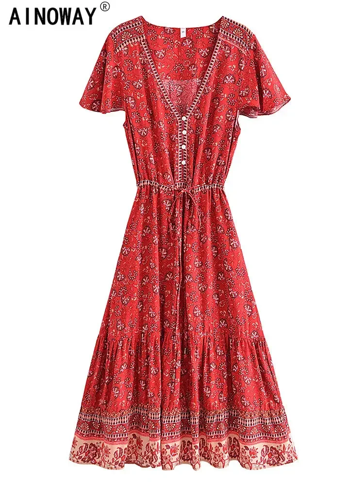 Vintage Chic Women Floral Print Bat Sleeve Beach Bohemian Maxi Dresses  Ladies V Neck Tassel Summer Rayon Boho Dress Vestidos