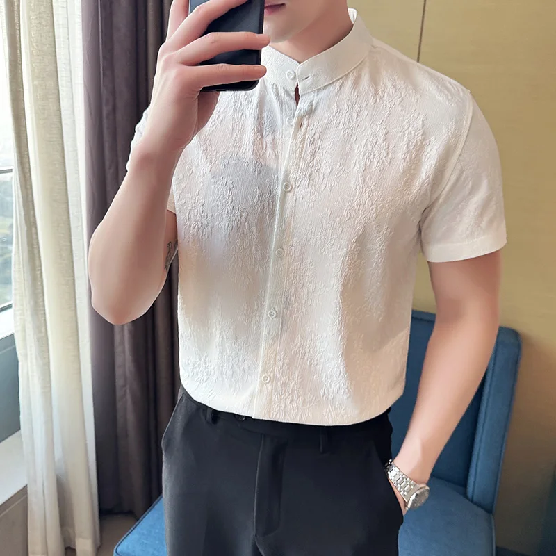 

Chinese Style Standing Collar Print Shirt Men Short Sleevecasual Shirts High Quality Slim Business Social Shirts Streetwear 2024