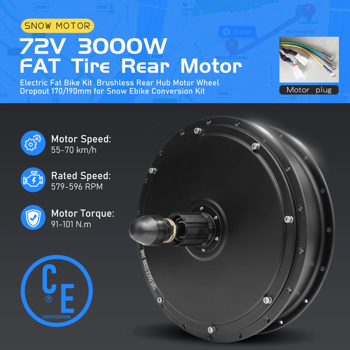 72V 3000W Electric Fat Tire Motor 4.0Tyre Brushless Rear Hub Motor Wheel Dropout 170/190mm for Snow Ebike Conversion Kit