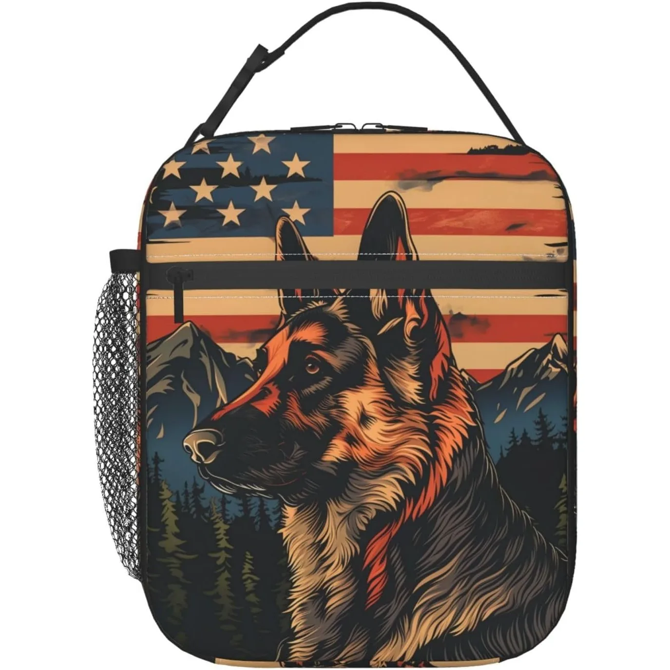 Majestic German Shepherd Lunch Box for Women Adults, Insulated Cooler Patriotic Dog and American Flag Lunch Bag
