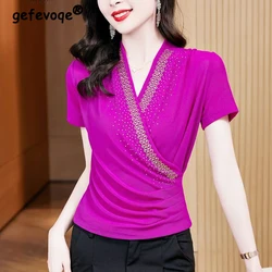 Women's Clothing 2023 Mesh Rhinestone Ruched Elegant Basic T-shirts Summer Fashion V Neck Short Sleeve Tees Solid Slim Fit Tops